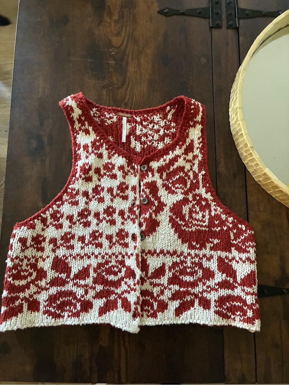 Free People Red and Cream Floral Knit Crop Vest